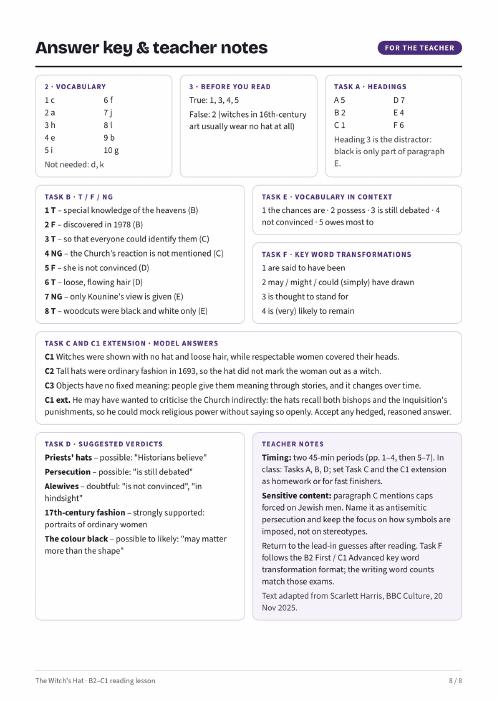 Sample lesson page: the answer key and teacher notes