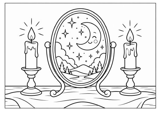 Sample colouring page: an owl carrying a letter over rooftops