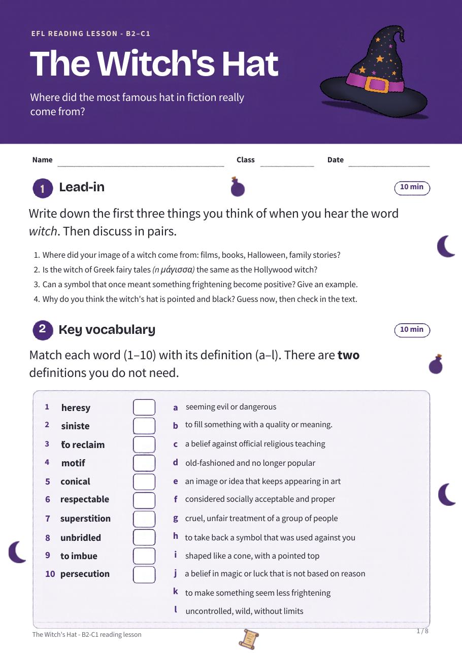 First page of the reading lesson The Witch's Hat, with the lead-in questions and the vocabulary matching task