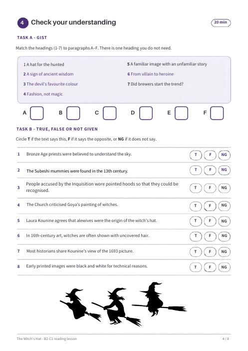 Sample lesson page: comprehension tasks with headings, true-false questions and written answers