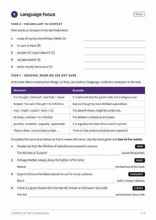 Sample lesson page: language focus with hedging structures and key word transformations